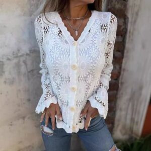 Evelyn York Laria V Neck White Crochet Cardigan